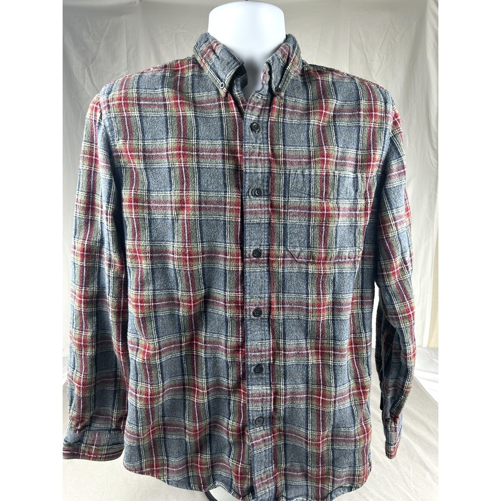 LL Bean Med Gray Red Plaid Flannel Slightly Fitted Button Down Cotton Shirt Mens